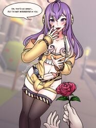 bulge cleavage detailed_background erection eyebrows_visible_through_hair futanari goggles goggles_around_neck headphones heartbreaking hip_vent large_breasts long_hair looking_at_viewer midriff multicolored_hair open_clothes porniky pov purple_eyes purple_hair purple_nails rose_(flower) smile speech_bubble streaked_hair tank_top thighhighs thighs virtual_youtuber vividly vividly_vivi yellow_hair