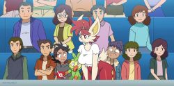 anthro anthrofied big_breasts black_hair breasts cici_(skwrlwrld) cinderace clothed clothing confused_look dark-skinned_male dark_skin female fur furry goh_(pokemon) grookey group hi_res hop_(pokemon) male multiple_boys multiple_girls nintendo pokémon_(species) pokemon pokemon_(species) pokemon_journeys purple_hair red_hair skwrlwrld tagme tail