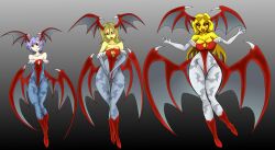 ass_expansion breast_expansion clothing corruption darkstalkers demon demon_girl demon_wings female flat_chest gold_(metal) growth hair_color_change hair_growth large_ass large_breasts lilith_aensland lips skin_color_change small_breasts succubus succubus_costume swinbop thick_thighs thigh_expansion transformation transformation_sequence wide_hips