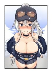 azur_lane blue_eyes blush breasts bright_pupils cleavage enterprise_(azur_lane) enterprise_(wind_catcher)_(azur_lane) eyewear_on_head female flying_sweatdrops hat highres imagawa_akira large_breasts long_hair looking_at_viewer race_queen silver_hair smile solo sunglasses sweatdrop thighhighs tinted_eyewear very_long_hair