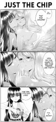 2girls after_sex band_shirt black_and_white chips_(food) comic fingering grs- humor light_blush pringles radiohead_(band) tagme yuri