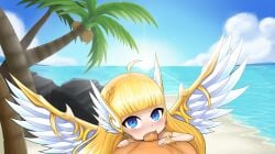 1boy 1girls beach blonde_hair blue_eyes blush deepthroat fellatio hair_ornament katameleon long_hair looking_at_viewer sky summoners_war wings