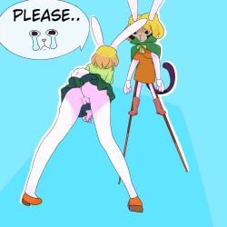 absurd_res anthro ass bariete_(one_piece) black_clothing black_panties black_underwear bottomless bottomless_skirt bottomwear carrot_(one_piece) carrot_(one_piece)_(cosplay) clothed clothing costume deepfur female fur genitals green_clothing green_panties green_underwear haplorhine hi_res lagomorph leporid low-angle_view male male/female mammal monkey one_piece panties primate pussy rabbit rear_view skirt solo underwear upskirt white_body white_fur