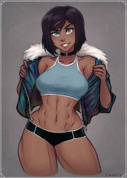 1girls abs alternate_hair_length alternate_hairstyle artist_name avatar_legends blue_eyes bob_cut breasts brown_hair choker clothing crop_top cropped_legs dark-skinned_female dark_skin female grin iahfy jacket korra looking_at_viewer medium_breasts navel o-ring o-ring_choker open_clothes open_jacket short_hair short_shorts shorts sleeveless sleeveless_jacket smile solo standing stomach the_avatar the_legend_of_korra thick_thighs thighs toned undressing water_tribe