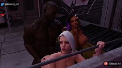 1boy 2girls 3d alley ashe_(overwatch) ass ass_grab big_ass big_butt blender blizzard_entertainment boobjob bracelet bracelets breasts bubble_but dark-skinned_female dark-skinned_male dark_skin dat_ass doggy_style eskandart female huge_ass huge_butt interracial large_ass large_butt latina looking_at_viewer looking_back male medium_breasts naughty_face nipples overwatch panty_pull penis provocative public queen_of_spades seductive seductive_look sideboob sombra street