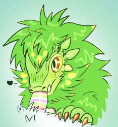 2boys anon anthro blowjob blush claws cute dino dinosaur furry green_blush green_fur heart horns looking_up male male_only oc original_character rainbow_penis red_eyes red_nails reptile tsukum0_gam1 yellow_sclera