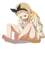 barefoot black_hairband black_ribbon blonde_hair blue_eyes bottomless commentary_request dbmaster drawstring female female_masturbation fingering forehead full_body hair_ribbon hairband highres hood hoodie kurumi_(lycoris_recoil) long_hair lycoris_recoil masturbation parted_lips pussy ribbon shadow simple_background sitting solo uncensored very_long_hair white_background white_hoodie young