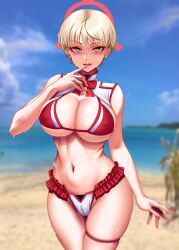 1girls artist_request beach big_breasts bikini blue_archive breasts busty curvaceous curvy curvy_body curvy_female curvy_figure female female_focus huge_breasts large_breasts looking_at_viewer marina_(blue_archive) masanomasa red_bikini red_winter_federal_academy_student red_winter_office_(blue_archive) short_hair smile very_short_hair voluptuous