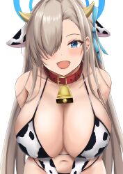 1girls asuna_(blue_archive) blonde_hair blue_archive blue_eyes blue_ribbon breasts collar cow_bikini cow_collar cow_ears cow_girl cow_horns cow_print cow_print_armwear cow_print_bikini cow_print_gloves cowbell female female_only horns huge_breasts kevin5573 large_breasts light-skinned_female light_skin looking_at_viewer platinum_blonde_hair ribbon smile smiling smiling_at_viewer