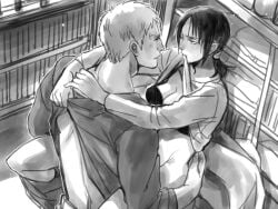 1boy 1girls arms_around_partner attack_on_titan being_undressed face-to-face face_to_face female hetero legs_around_partner male male/female monochrome pulling_clothing reiner_braun sex shingeki_no_kyojin shirt_grab shirt_in_mouth shirt_lift shirt_up straight undressing ymir_(shingeki_no_kyojin)