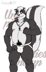 1boy 2013 anthro bulge chains cigar jockstrap_only key male male_only mammal mephitid musclegut nipples pubes rthur skunk slightly_chubby smoking solo