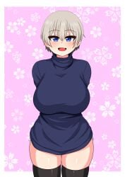 1girls black_legwear blue_eyes blush breasts fangs grey_hair highres huge_breasts legwear looking_at_viewer open_mouth short_hair the_only_shoe thick_thighs thighhighs thighs uzaki-chan_wa_asobitai! uzaki_hana