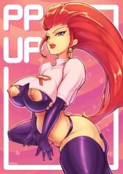 1girls areolae ass big_breasts blue_eyes breasts earrings eye_contact female female_only game_freak huge_breasts jessie_(pokemon) large_breasts legwear light-skinned_female light_skin long_hair looking_at_viewer nintendo nipples pokemon pokemon_(anime) pokemon_(game) red_hair ripped_clothing solo team_rocket telrem thick_thighs thighhighs thighs thong very_long_hair