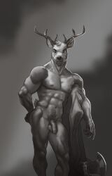 2022 5_fingers abs anthro antlers athletic athletic_anthro athletic_male axe balls biceps cervid cervine daddy digital_media_(artwork) fingers foreskin fur genitals greyscale hi_res horn humanoid_hands looking_at_viewer male male_only mammal manly marsonaut melee_weapon monochrome muscular muscular_anthro muscular_male muscular_thighs navel nipples nude pecs penis pose pubes signature smile solo standing weapon