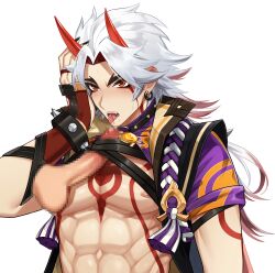 2boys abs arataki_itto black_nails blur_censor blush bodypaint censored choker disembodied_penis ear_piercing erection facepaint fellatio fingerless_gloves genshin_impact gloves hand_on_own_head highres horns japanese_clothes licking licking_penis long_hair male_focus male_only multicolored_hair multiple_boys muscular muscular_male nail_polish nipples oerba_yun_fang oral parted_lips pectorals penis piercing pinchi red_eyes red_hair saliva simple_background solo_focus spiked_choker spikes sweat tassel thick_eyebrows white_background white_hair yaoi