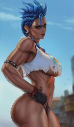 1girls 2d black_nails blizzard_entertainment blue_hair breasts dandon_fuga dark-skinned_female earrings female female_focus female_only fingerless_gloves fit fit_female junker_queen large_breasts looking_at_viewer muscular muscular_female odessa_stone overwatch panties piercing red_eyes solo solo_female solo_focus thick_thighs toned toned_female torn_clothes torso