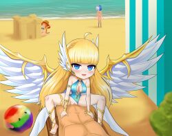 1boy 1girls beach belly_bulge big_breasts big_penis bikini blonde_hair blue_eyes blush camilla cowgirl_position hair_ornament katameleon looking_at_viewer nude_male smile summoners_war swimsuit vaginal_penetration valkyrie wings