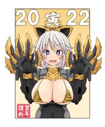 2022 30_minutes_sisters animal_ears animal_print bikini bikini_top_only blue_eyes blush breasts bright_pupils chinese_zodiac claw_pose fangs female hands_up happy_new_year highres imagawa_akira large_breasts looking_at_viewer micro_bikini new_year print_bikini rishetta_(30ms) short_hair smile solo swimsuit tiger_ears tiger_print white_hair year_of_the_tiger