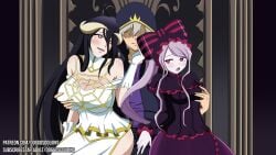 1boy 2girls ainz_ooal_gown albedo_(overlord) big_breasts black_hair blush clothed clothing heart-shaped_pupils humanized long_hair overlord_(maruyama) pale_skin red_eyes shalltear_bloodfallen small_breasts smilingdog succubus tagme vampire yellow_eyes