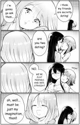 3girls 4koma breast_grab comic dialogue english_text female grs- highres humor kissing monochrome oblivious tagme text yuri