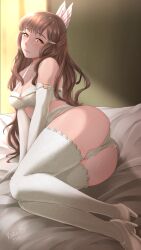 1girls ass bed blush bridal_lingerie bride elbow_gloves english_commentary female female_only fire_emblem fire_emblem_awakening gloves high_heels highres large_ass light_brown_hair lingerie looking_at_viewer lying nintendo on_bed on_side rinku_bny signature sumia_(fire_emblem) thighhighs underwear white_footwear white_gloves wing_hair_ornament yellow_eyes