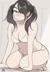 1girls 2022 artist_signature black_eyes black_hair bra cleavage female female_only freckles glasses hadashi_no_kenji kneeling midriff navel original original_character pigtails pout solo solo_female stomach tummy twintails