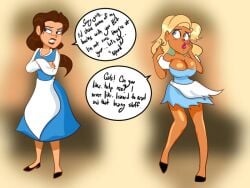 aliciadrawsbecause beauty_and_the_beast before_and_after belle bimbo bimbofication blonde_hair brain_drain breast_expansion brown_hair cleavage comic disney disney_princess female_only femsub tan_skin text