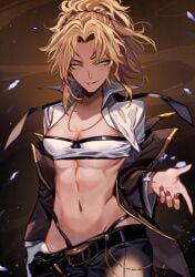 1girls bandeau belly belly_button belt black_panties black_pants blonde_female blonde_hair blonde_hair_female breasts chains cleavage clothes_pull dark_background fate/apocrypha fate_(series) female female_focus female_only gold_chain green_eyes hands_up jacket jewelry light-skinned_female long_hair long_sleeves looking_at_viewer loose_belt loose_pants march_ab mordred_(fate) mordred_(fate/apocrypha) muscle muscles nail_polish navel necklace open_jacket open_mouth pale-skinned_female pants pants_pull ponytail red_nails sidelocks small_breasts smile smug smug_expression smug_eyes smug_face smug_grin smug_smile solo solo_female solo_focus tomboy upper_body white_shirt