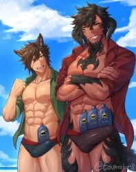 2boys abs au_ra bara beach big_pecs big_penis black_hair brown_hair bulge cat_boy cat_ears cat_tail catboy dark-skinned_male dark_skin demon demon_boy demon_horns demon_tail dog_ears dog_tail dominant dominant_male domination final_fantasy final_fantasy_xiv gay green_eyes incubus inumimi jealous kemonomimi male male/male male_only miqo'te muscular muscular_male muscular_pecs open_shirt penis_envy power_top public shampoo_bottle shampoo_challenge small_penis smirk smirking speedo square_enix submissive submissive_male succubus succubus_(male) sunscreen thick_penis thong toumator18 yaoi yellow_eyes