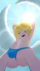 1boy adventure_time blonde_hair bulge enookie femboy finn_the_human low-angle_view male male_only solo_male sun_glare thong underass