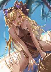 1boy absurdres animal_ears bangs bar_censor bare_shoulders beach bikini bikini_aside black_bikini blonde_hair blue_sky blush braid breasts brown_hair censored clothing_aside cowgirl_position dark-skinned_female dark_skin day dress female femdom fingernails goggles goggles_on_head gran_(granblue_fantasy) granblue_fantasy hair_ribbon helel_ben_shalem highres long_hair navel nipples nyapanu ocean outdoors pacifier palm_tree penis pussy red_eyes ribbon see-through sex sky small_breasts solo_focus squatting_cowgirl_position straddling straight swimsuit tree vaginal_penetration very_long_hair