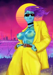 1girls art breasts_out cityscape cyborg cyborg_girl nsfw outdoors retro retrowave starry_sky sun synthwave