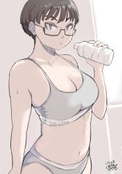 1girls 2022 artist_signature athletic athletic_female bare_shoulders brown_eyes brown_hair calvin_klein cleavage cowboy_shot first_post_of_artist glasses hadashi_no_kenji japanese_text midriff original original_character short_hair solo solo_female sports_bra stomach toned tummy very_short_hair water_bottle