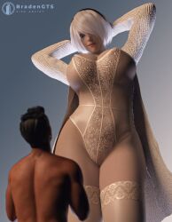 1boy 1girls 3d big_breasts bradengts breasts clothing female female_focus giantess huge_breasts larger_female light-skinned_female light_skin lingerie looking_down macro male mini_giantess nier nier:_automata short_hair size_difference voluptuous white_hair yorha_2b