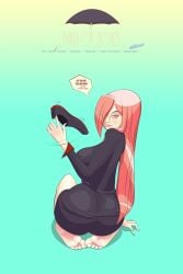 big_breasts breasts clothing dress feet female female_only lab_zero_games looking_back parasol parasoul red_hair red_nails shoes_removed skillustrate skullgirls soles tease teasing