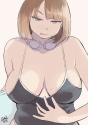 1girls 2022 artist_signature bob_cut cleavage female female_only goggles goggles_around_neck hadashi_no_kenji japanese_text large_breasts mole mole_on_breast original original_character short_hair solo solo_female strawberry_blonde_hair swimsuit tongue tongue_out