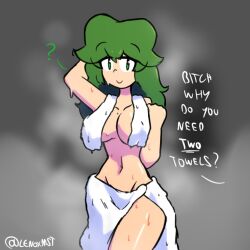 female green_hair lenoxmst medley_(lenoxmst) post_shower towel