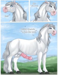 absurd_res anatomically_correct anatomically_correct_genitalia anatomically_correct_penis animal_genitalia animal_penis bayard_zylos blue_sclera bodily_fluids comic dialogue equid equine equine_balls equine_penis erection feral flared_penis fur genital_fluids genitals grin hi_res hooves horse huskii-s inviting male mammal medial_ring pasture penis precum precum_on_penis presenting presenting_penis requested_sex scar sheath side_view silver_mane sky smile solo talking_to_viewer white_body white_fur