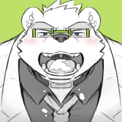 1boy angry anthro blue_eyes blush bodily_fluids cai1448331577 clothing coat cum cum_in_mouth cum_inside eyewear genital_fluids glasses hi_res lab_coat leib_(tokyo_afterschool_summoners) lifewonders male male_only mammal mouth_shot necktie open_mouth polar_bear solo tokyo_afterschool_summoners topwear ursid ursine video_games