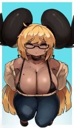 1girls beauty_mark big_horns blonde blonde_female blonde_hair breasts brown_skin caoimhe_(zanamaoria) choker cleavage closed_eyes clothed clothed_female curved_horns dark-skinned_female dark_skin deep_cleavage demon_girl demon_horns female glasses hi_res horns huge_breasts jeans kneeling mature_female milf mole mole_on_breast mother oc original original_character shortstack succubus sweater very_long_hair zanamaoria