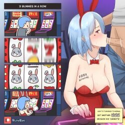 bar_censor blowjob blue_hair blush body_writing bodywriting bunny_ears bunny_girl bunnysuit censored clothed_female clothed_sex embarrassed fellatio femsub free_use gambling gender_transformation genderswap_(mtf) looking_at_viewer maledom mtf_transformation original public_sex rudy_saki rule_63 slot_machine transformation tsf_4-koma