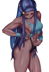 1girls abs athletic_female dark-skinned_female long_hair muscular_thighs nessa_(pokemon) no_bra no_panties pokemon pokemon_ss shadertoons sideboob small_breasts workout_clothes