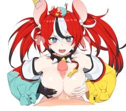 1boy 1girls alternate_version_available animal_ear_fluff animal_ears big_breasts big_penis blue_eyes blush boobjob breasts ce-_-3 collar covered_nipples dice_hair_ornament eyebrows_visible_through_hair fan_mascot_(vtuber) female hair_ornament hakos_baelz hakos_baelz_(1st_costume) hololive hololive_english hololive_english_-council- hololive_english_-promise- key key_necklace light-skinned_female light_skin looking_at_viewer male male/female mouse mouse_ears mouse_trap mr._squeaks_(hakos_baelz) multicolored_hair open_mouth paizuri penis penis_between_breasts pepper0 pov rat rat_girl red_hair simple_background spiked_collar tagme titjob virtual_youtuber white_background