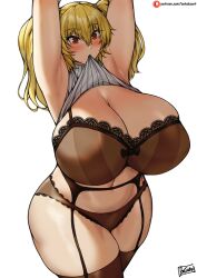 1girls armpits arms_up batako big_breasts blonde_hair bra breasts female female_only garter_belt garter_straps huge_breasts light-skinned_female light_skin lips long_hair nitroplus panties shirt shirt_lift solo solo_female super_pochaco thick_thighs thighs twintails voluptuous wide_hips