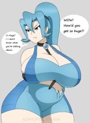 1girls angry big_ass big_breasts blue_hair breasts_bigger_than_head chubby chubby_female clair_(pokemon) cleavage clothing earrings english_text enormous_ass enormous_breasts female gloves hands_on_belly high_heels huge_ass huge_breasts latex_suit massive_breasts nintendo nomopolitainia pokemon pokemon_gsc ponytail pout pouting solo tagme talking text thick_thighs venus_body wide_hips