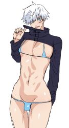 1boy 1femboy blindfold blue_bikini blue_bra blue_eyes blush crop_top crossdressing femboy feminine_male jujutsu_kaisen looking_at_viewer male male_focus male_only male_penetrated male_penetrating micro_bikini penis satoru_gojo small_bikini small_penis thong tiny_penis trap twink twunk white_hair