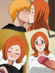 1boy 1girls black_shirt bleach blowjob blush couple fellatio ichigo_kurosaki inoue_orihime kame_(artist) kh-fullhouse kissing long_hair looking_at_penis male/female moaning open_mouth oral oral_sex penis presenting presenting_penis shirt short_hair staring staring_at_penis sucking sucking_penis surprised white_shirt