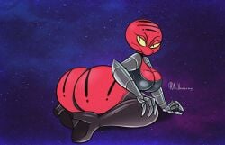 alien alien_humanoid bending_over big_ass big_breasts big_butt clothing female flatwoods_monster geronimo_&_heatstepper latex_stockings looking_at_viewer mr_valentine00 o'zall_(geronimo_&_heatstepper) panties red_body robotic_arm semi_nude space topwear