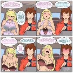 1girls angry banjabu blonde_hair bra brown_hair car_interior dipper_pines driving funny gravity_falls green_eyes just_fuck_already large_breasts meme one_eye_closed pacifica_northwest slime spanish_text speech_bubble straight_hair talking_to_another