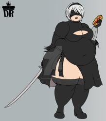 1girls bbw belly big_belly big_breasts blindfold breasts chubby clothed clothing dukerubbish fat female female_only food grey_background hairband huge_belly light-skinned_female light_skin nier nier:_automata obese overweight short_hair solo solo_female standing thick_thighs white_hair yorha_2b